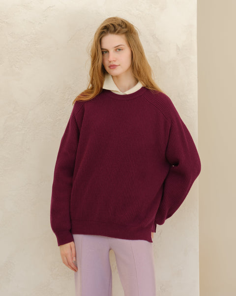 Cashmere Mix Crewneck Ribbed Sweater with Lateral Slits - Lèmme