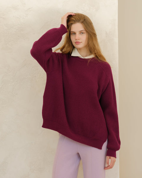 Cashmere Mix Crewneck Ribbed Sweater with Lateral Slits - Lèmme