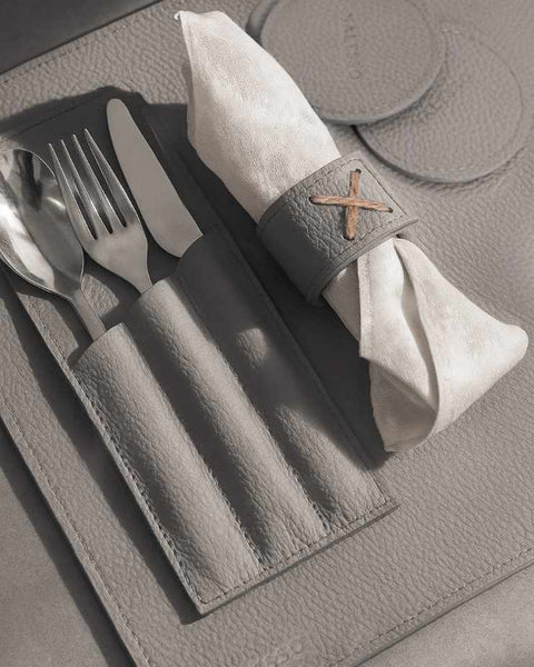 Table set: placemat, glass sleeve & coaster, cutlery holder, and napkin ring