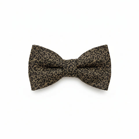 Black and gold patterned bow tie on a white background