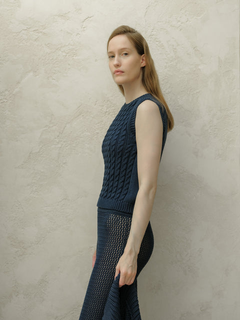 Fine Cotton Cable Tank Top (3D-Knit) - Lèmme