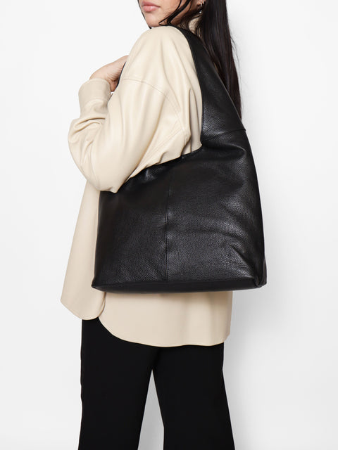 Women's Double Compartment Leather Hobo Shoulder Bag with Pouch – Black – Made in Italy - Gave Lux
