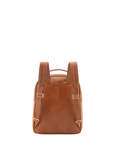 Large Leather Backpack with Double Front Pockets - Honey - Alessia Firenze