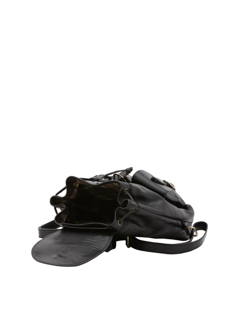 Women's Vacchetta Leather Drawstring Shoulder Bag with Front Open Pockets – Black – Made in Italy - I Fratelli