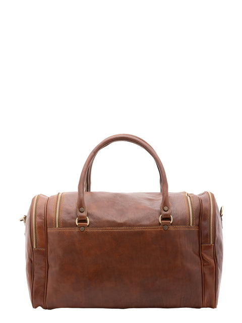 Large Leather Travel Duffel Bag with Side Zip Pockets - Brown - Alessia Firenze