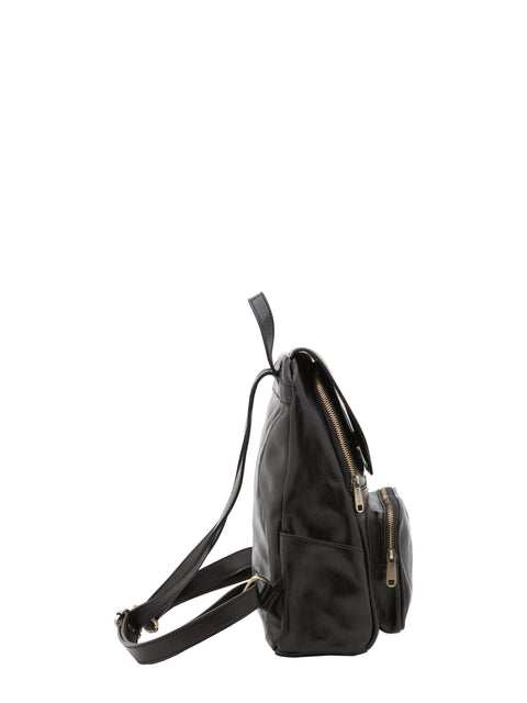 Women's Vacchetta Leather Shoulder Bag with Front Zip Pocket – Black – Made in Italy - I Fratelli