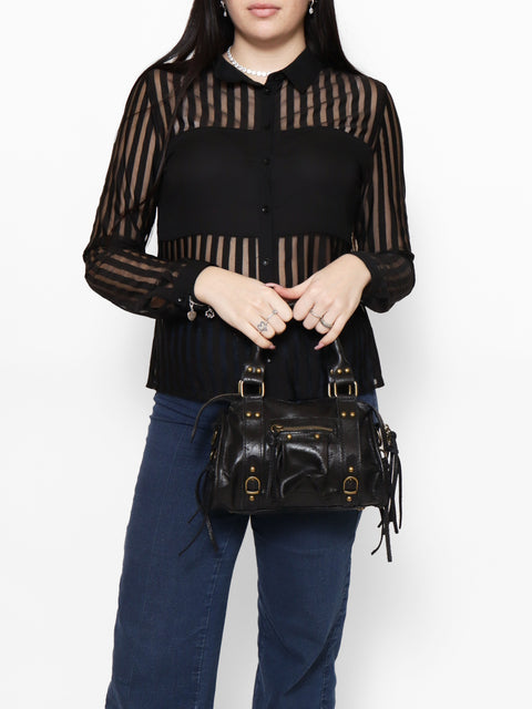 Women's Suede Leather Shoulder Bag with Removable Strap – Black – Made in Italy - Gave Lux