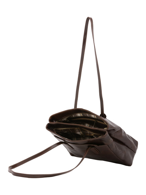 Women's Vacchetta Leather Double Compartment Shoulder Bag – Dark Brown – Made in Italy - I Fratelli