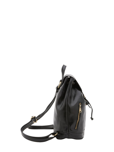 Women's Vacchetta Leather Drawstring Shoulder Bag with Front Zip Pockets – Black – Made in Italy - I Fratelli