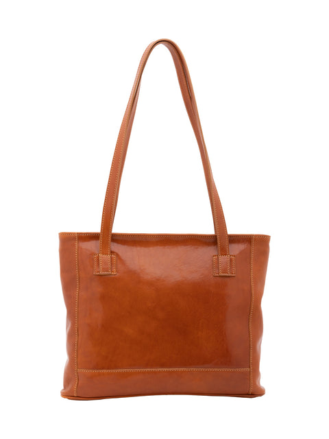 Women's Vacchetta Leather Large Double Compartment Shoulder Bag – Cognac – Made in Italy - I Fratelli