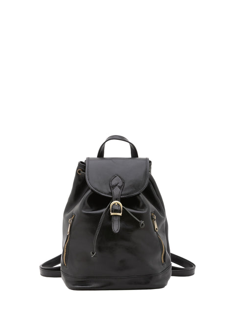 Women's Vacchetta Leather Drawstring Shoulder Bag with Front Zip Pockets – Black – Made in Italy - I Fratelli