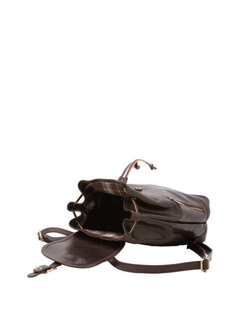 Women's Vacchetta Leather Drawstring Shoulder Bag with Front Zip Pockets – Dark Brown – Made in Italy - I Fratelli