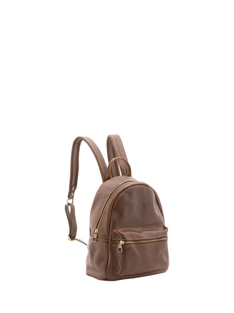 Compact Genuine Leather Backpack - Dark Brown - Alessia Firenze