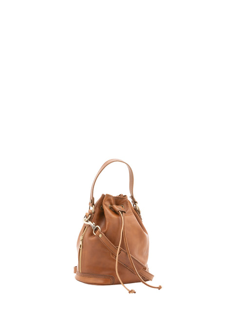 Leather Bucket Bag with Drawstring Closure - Honey - Alessia Firenze