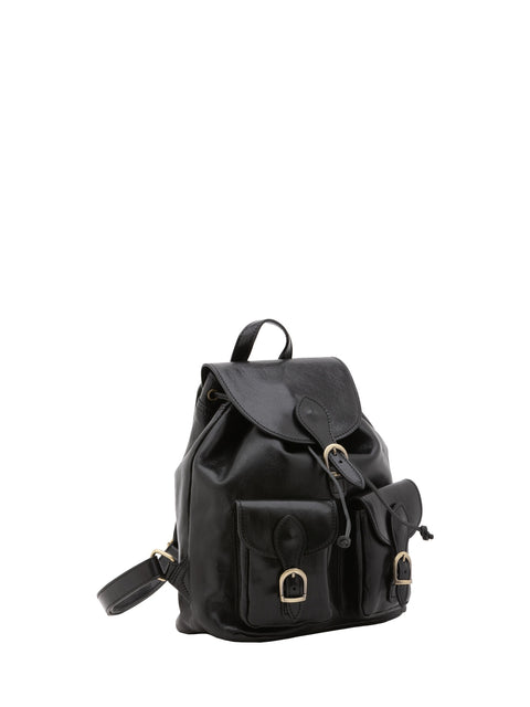 Women's Vacchetta Leather Drawstring Shoulder Bag with Front Open Pockets – Black – Made in Italy - I Fratelli