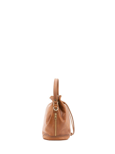 Leather Bucket Bag with Drawstring Closure - Honey - Alessia Firenze