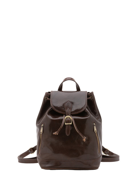 Women's Vacchetta Leather Drawstring Shoulder Bag with Front Zip Pockets – Dark Brown – Made in Italy - I Fratelli