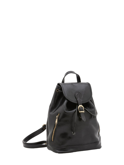 Women's Vacchetta Leather Drawstring Shoulder Bag with Front Zip Pockets – Black – Made in Italy - I Fratelli