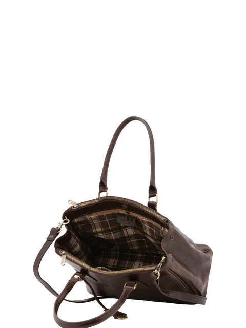 Women's Vacchetta Leather Crossbody Tote Bag with Dual Zip Pockets – Dark Brown – Made in Italy - I Fratelli
