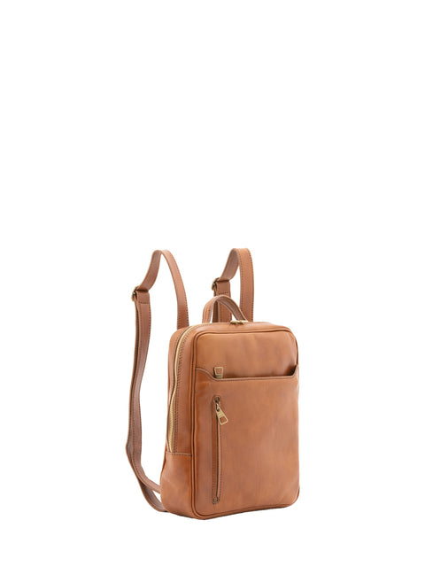 Urban Leather Backpack with Multiple Zip Pockets - Honey - Alessia Firenze