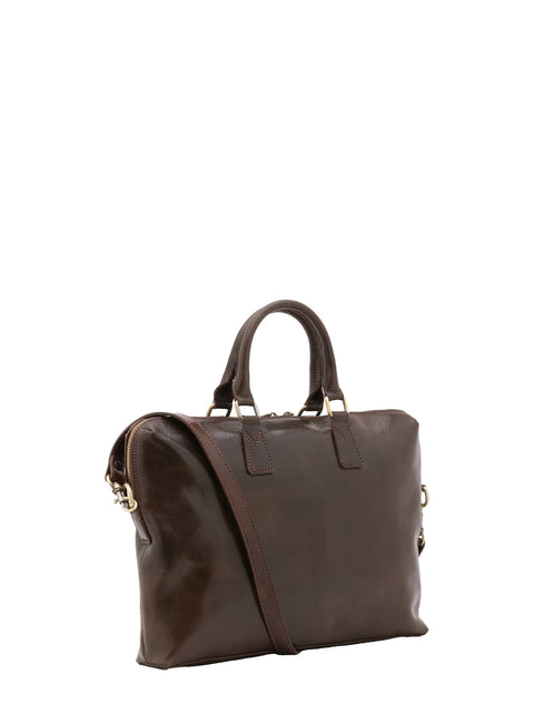 Men's Vacchetta Leather Work Briefcase with Shoulder Strap – Dark Brown – Made in Italy - I Fratelli