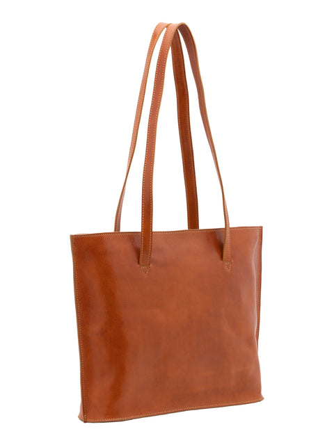 Women's Vacchetta Leather Large Shoulder Bag with Double Zip Pockets – Cognac – Made in Italy - I Fratelli