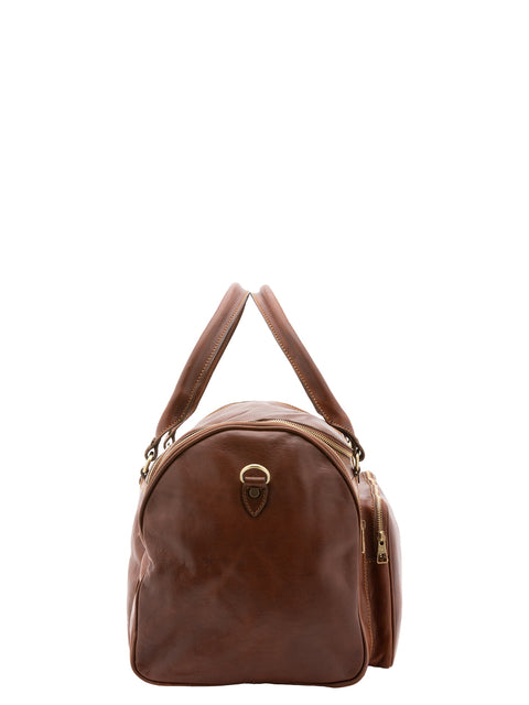 Large Leather Travel Duffel Bag with Side Zip Pockets - Brown - Alessia Firenze
