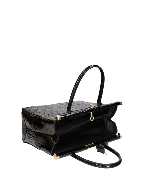 Women's Croc-Print Leather Top Handle Bag with Padlock – Black – Made in Italy - Gave Lux