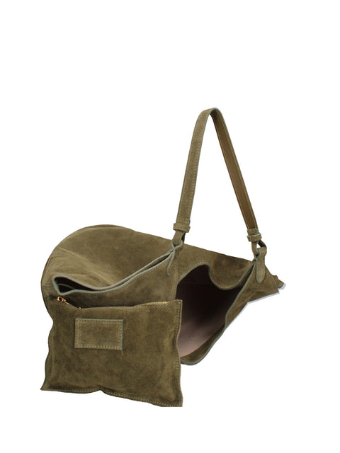 Women's Large Suede Leather Tote Bag with Pouch – Olive Green – Made in Italy - Gave Lux