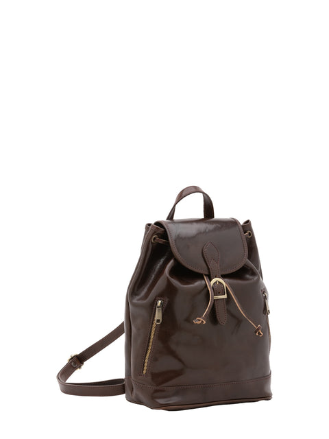 Women's Vacchetta Leather Drawstring Shoulder Bag with Front Zip Pockets – Dark Brown – Made in Italy - I Fratelli