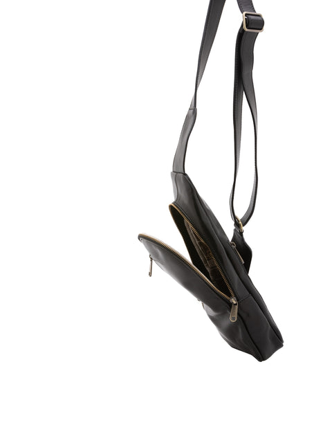 Men's Vacchetta Leather Crossbody Bag with Triple Front Zip Pockets – Black – Made in Italy - I Fratelli