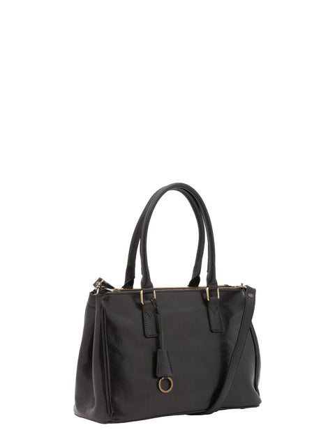 Women's Vacchetta Leather Crossbody Tote Bag with Dual Zip Pockets – Black – Made in Italy - I Fratelli