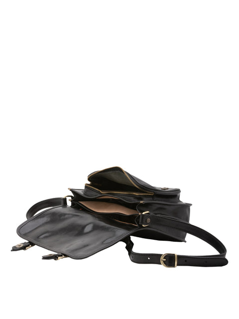 Women's Vacchetta Leather Crossbody Bag with Dual Zip Compartments – Black – Made in Italy - I Fratelli