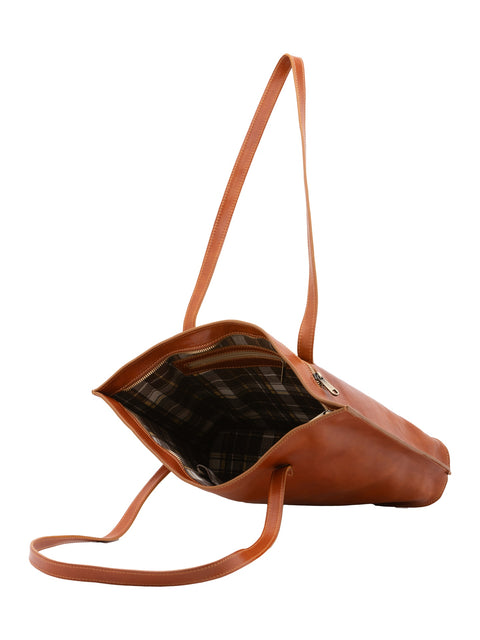Women's Vacchetta Leather Large Shoulder Bag with Double Zip Pockets – Cognac – Made in Italy - I Fratelli