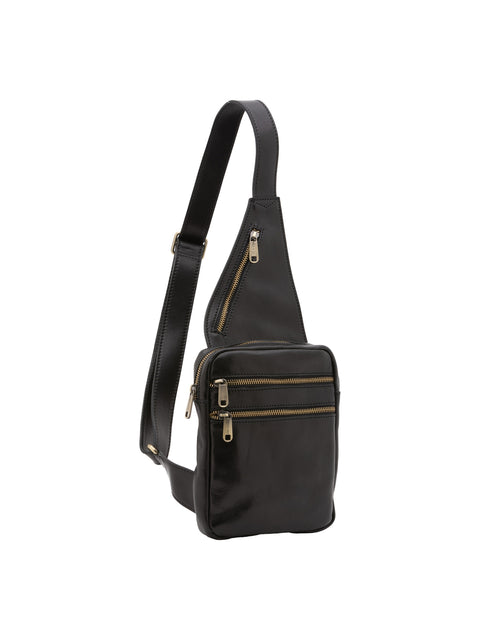 Men's Vacchetta Leather Compact Crossbody Bag with Dual Zip Pockets – Black – Made in Italy - I Fratelli