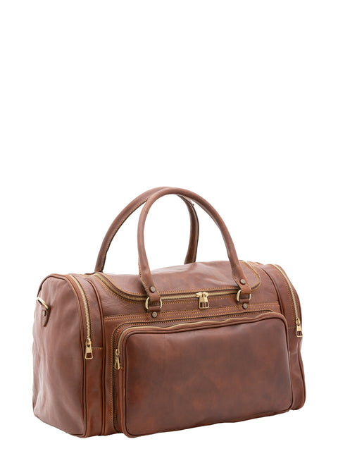 Large Leather Travel Duffel Bag with Side Zip Pockets - Brown - Alessia Firenze