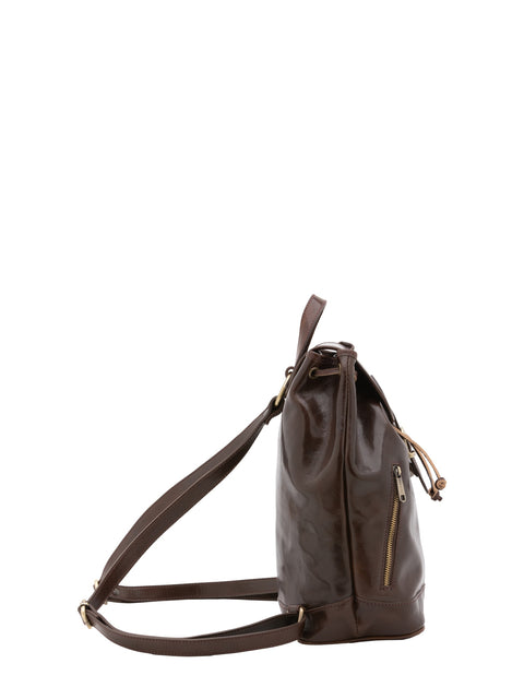 Women's Vacchetta Leather Drawstring Shoulder Bag with Front Zip Pockets – Dark Brown – Made in Italy - I Fratelli