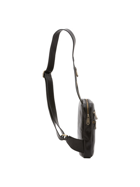 Men's Vacchetta Leather Compact Crossbody Bag with Dual Zip Pockets – Black – Made in Italy - I Fratelli