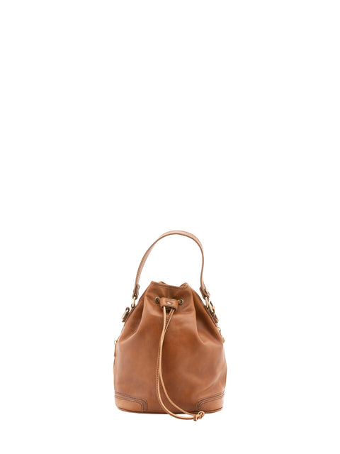 Leather Bucket Bag with Drawstring Closure - Honey - Alessia Firenze