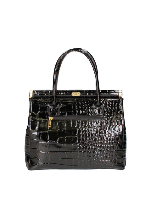 Women's Croc-Print Leather Top Handle Bag with Padlock – Black – Made in Italy - Gave Lux