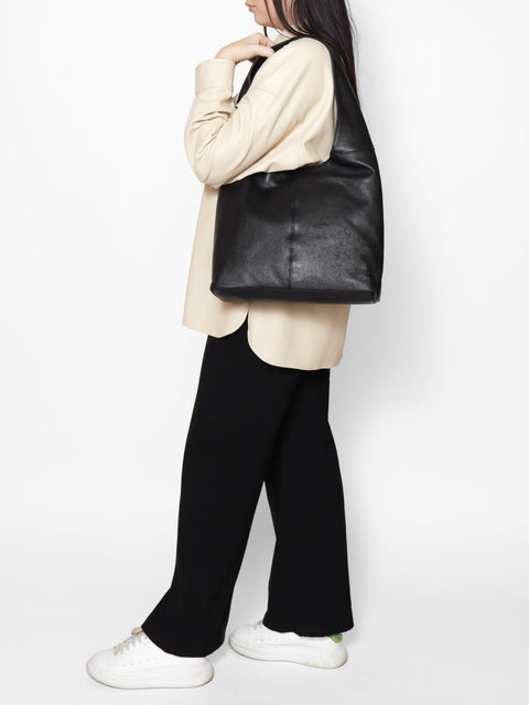 Women's Double Compartment Leather Hobo Shoulder Bag with Pouch – Black – Made in Italy - Gave Lux