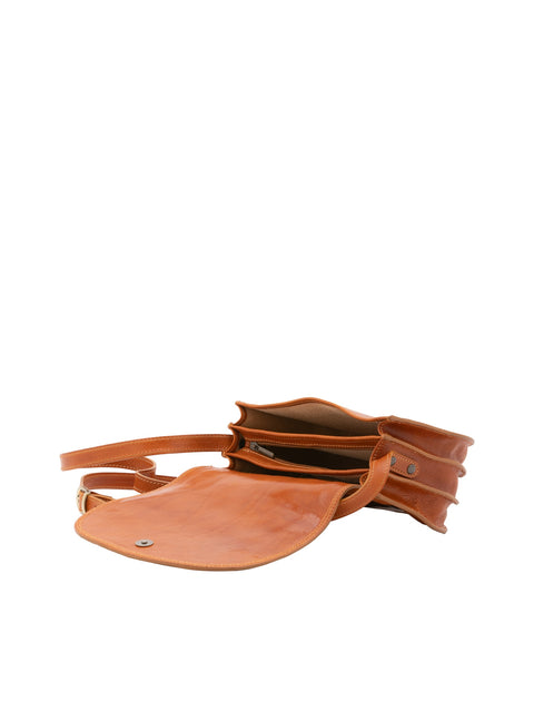 Women's Vacchetta Leather Triple Compartment Crossbody Bag – Cognac – Made in Italy - I Fratelli