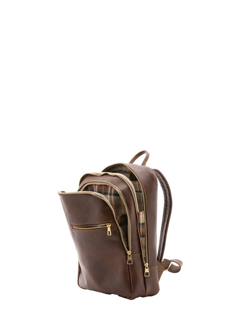 Large Leather Backpack with Double Front Pockets - Dark Brown - Alessia Firenze