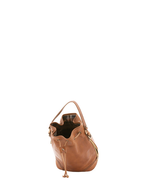 Leather Bucket Bag with Drawstring Closure - Honey - Alessia Firenze