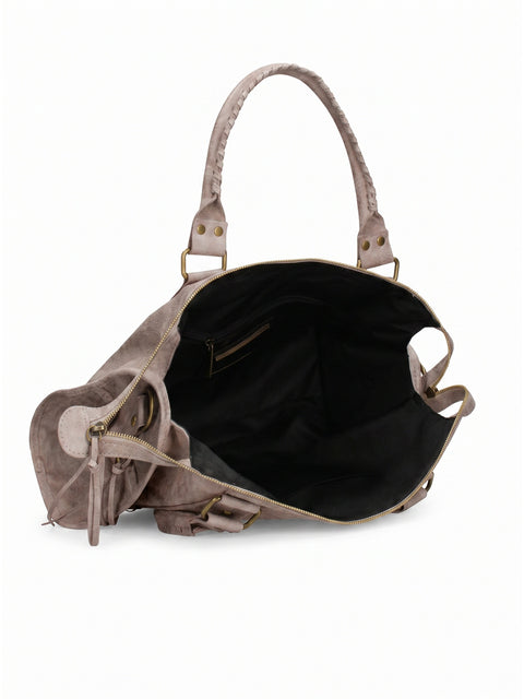 Women's Suede Leather Shoulder Bag with Removable Strap – Dark Taupe – Made in Italy - Gave Lux