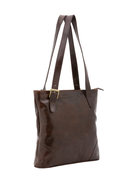 Women's Vacchetta Leather Double Compartment Shoulder Bag with Adjustable Handle – Dark Brown – Made in Italy - I Fratelli