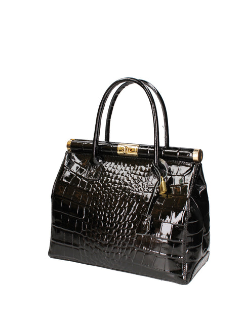 Women's Croc-Print Leather Top Handle Bag with Padlock – Black – Made in Italy - Gave Lux