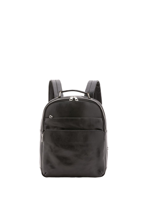 Large Leather Backpack with Double Front Pockets - Black - Alessia Firenze
