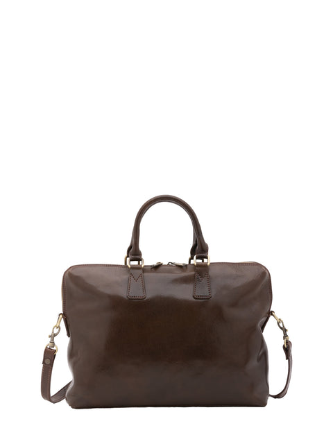 Men's Vacchetta Leather Work Briefcase with Shoulder Strap – Dark Brown – Made in Italy - I Fratelli