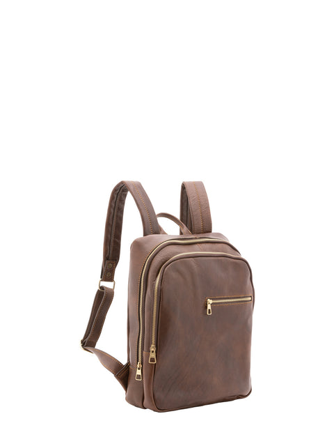 Large Leather Backpack with Double Front Pockets - Dark Brown - Alessia Firenze